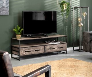 Meuble tv TURF bois d'acacia teinte grise 2 tiroirs